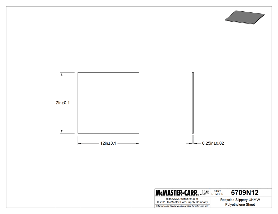 Technical Drawing of Recycled Slippery UHMW Polyethylene Sheet, Antistatic, 12" x 12", 1/4" Thick.